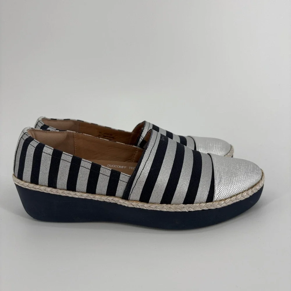 FitFlop Espadrille Shoes Women 7 Blue Silver Dahlia Metallic Stripe
